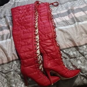 Red thigh high boots